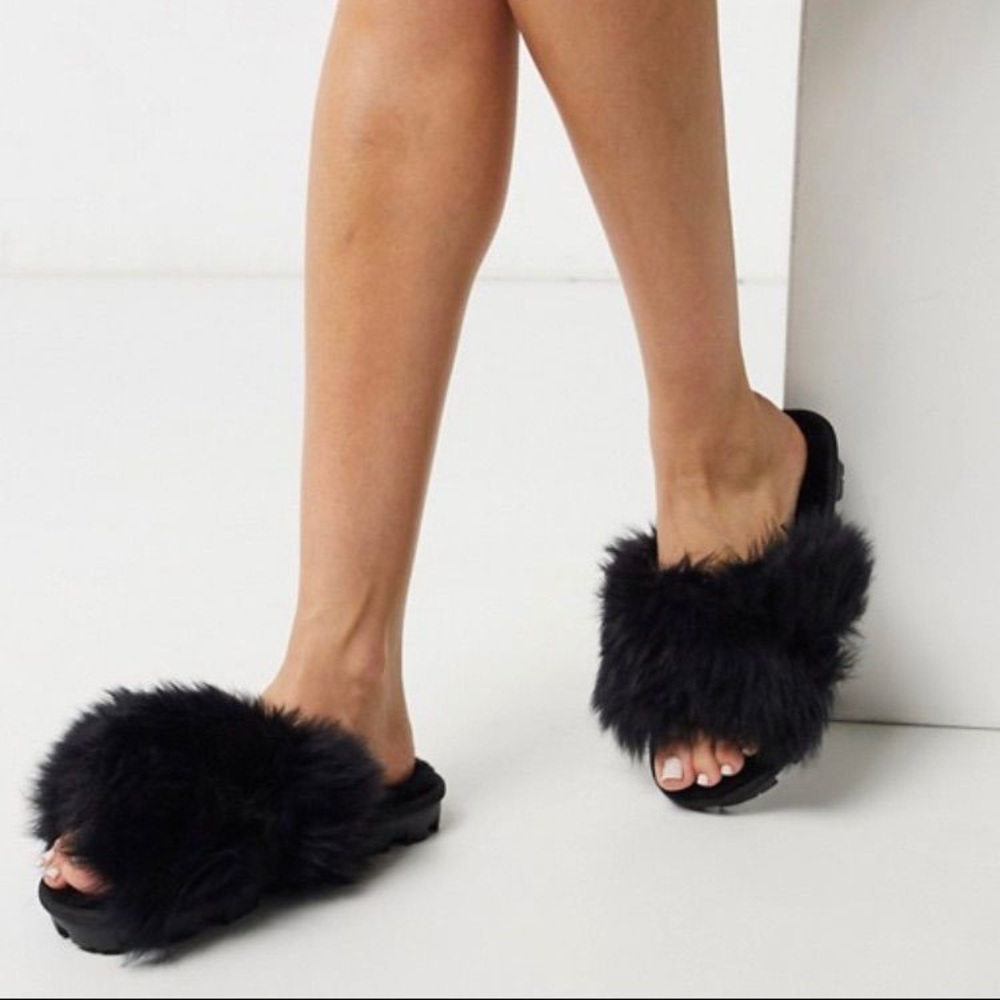UGG Fuzzalicious Black Flatform Sheepskin Slippers